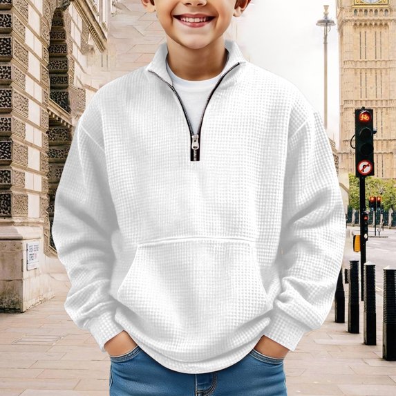 Boys Quarter Zip Sweatshirts - Waffle Knit Kids Long Sleeve Pullover Teens Tops Clothes with Pocket White 130