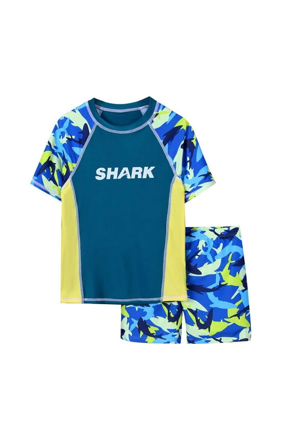 Boys' Quck Dry 2 Piece Swim Set Short Sleeve Rash Guard Swim Trunks With Upf 50+ Hot Spring Beach For Kids,Big Boys Size 9-10T,Blue