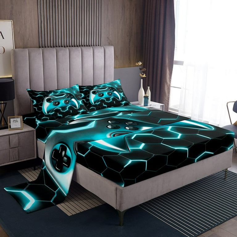 Boys Queen Size Sheets Gaming Room Decor Gamer Gamepad Sheet Set for Teens Youth Honeycomb Geometric Game Controller Bed Sheets Set Gaming
