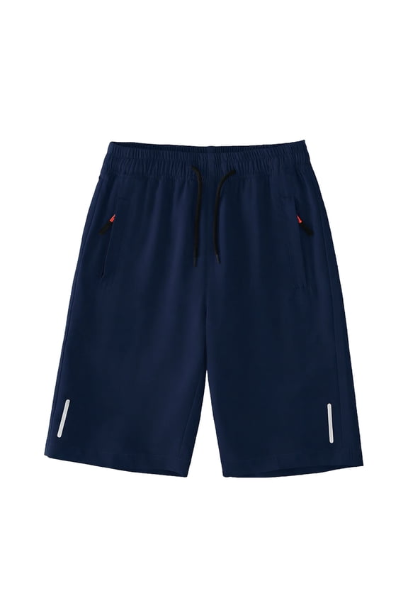 Boys Quick Dry Athletic Shorts, Navy Blue with Reflective Strips & Zipper Pockets, Elastic Waist Active Shorts for Sports, Play, School PE (Sizes 3T-14),Size 3-4T
