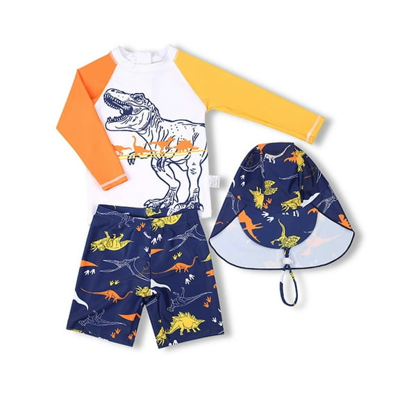 Boys' Quick Dry Swimwear Sun Protection Cartoon Dinosaur Print Short Sleeved Shorts Separate 3 Piece Set With Hood Orange 12 Y-13 Y