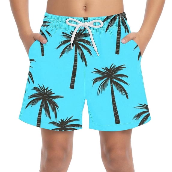 Boys Quick Dry Tropical Palm Tree Print Shorts with Elastic Waistband Drawstring Side Pockets Blue,Size 14-15T