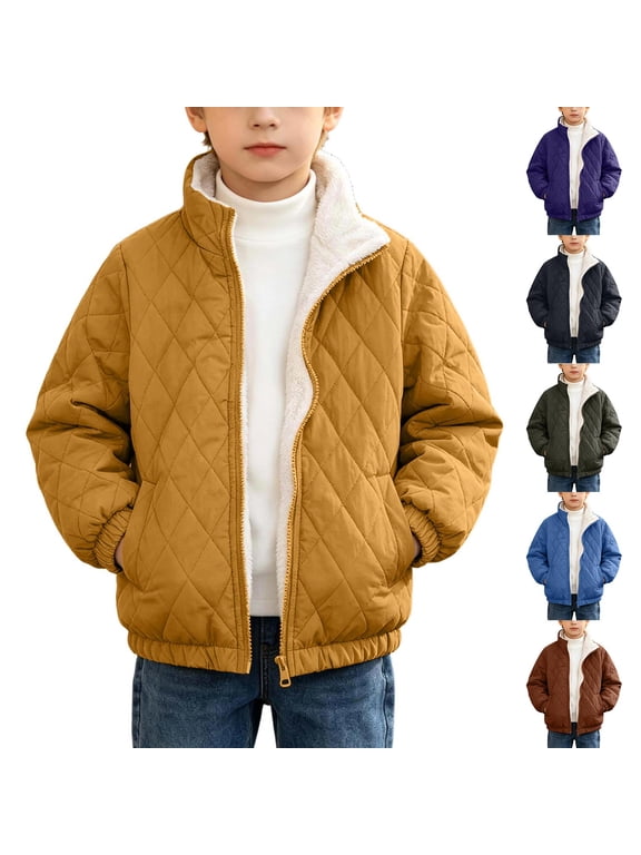 Boys Quilted Fleece Lined Winter Jacket Stand Collar Full Zip Warm Coat with Pockets (6-14 Years) for School Outdoor Daily Wear