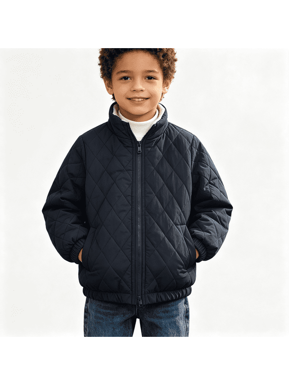 Boys Quilted Jacket Fleee Lined Full Zip Casual Hoodless Thick Warm Kids Winter Coats Black 8