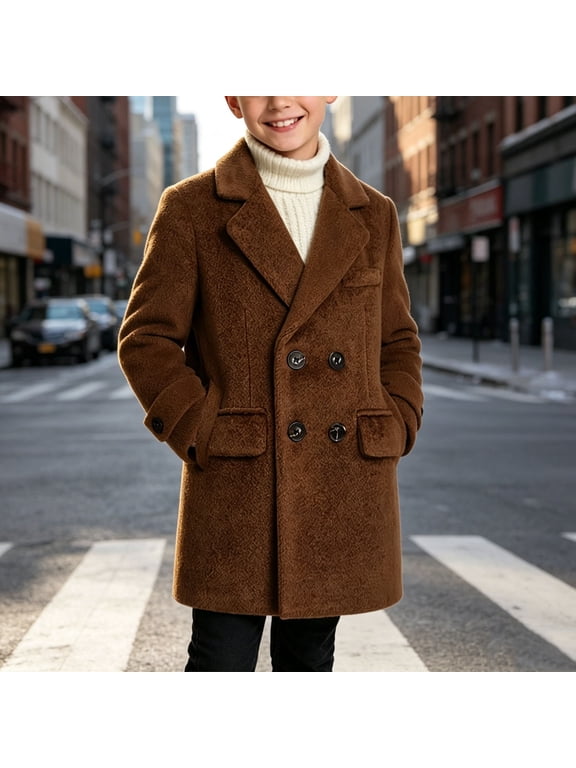 Boys Quilted Lined Wool Peacoat, Kids Double Breasted Mid Length Notch Lapel Overcoat Warm Fall Winter Tweed Outerwear Coffee