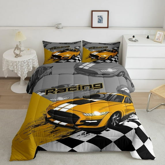 Race Car Bedding Speed Sports Car Twin Bed Comforter Set Teens Yellow Automobile Extreme Sports Comforter Set, Black White Racing Lattice Duvet Set with 1 Pillowcase
