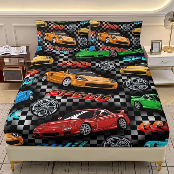 Boys Race Car Fitted Sheet Set Twin Size - Racing Car Comforter Extreme Sport with 2 Pillowcases - Colorful Speed Sports Cars Bed Sheet Set 3 Pieces