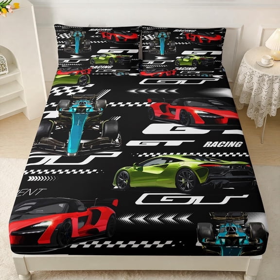 Boys Racing Sheet Set - Twin Size, Extreme Sports Car Racer Sheet Set for Kids & Teens, 3 Pieces - 1 Fitted Sheet with 2 Pillowcases
