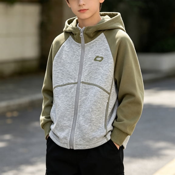 Boys Raglan Zip Up Hooded Jacket Fashion Fall Long Sleeve Casual Kids School Outerwear Gray 7-8 Years