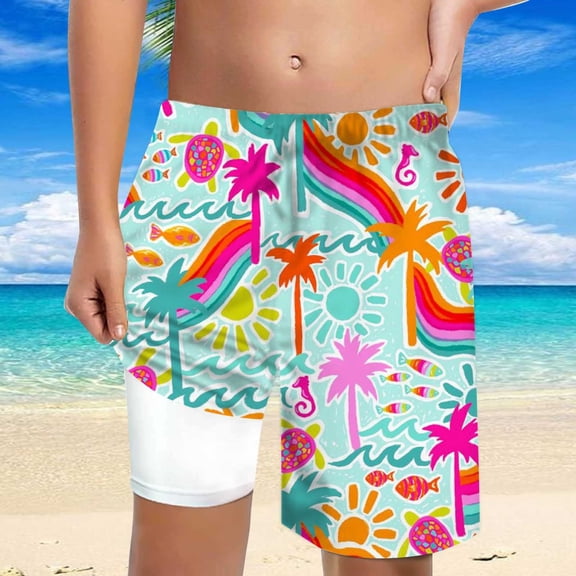 Boys' Rainbow Print Swim Shorts With Drawstring High Waisted Loose Fit Casual Trousers Hot Pink 12 Y-16 Y