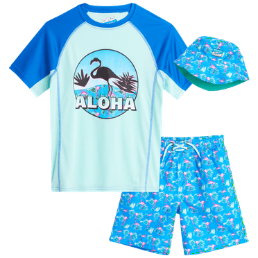 Boys' Rash Guard Set - 3 Piece UPF 50+ Rash Guard Swim Shirt, Bathing Suit,  (5-14)