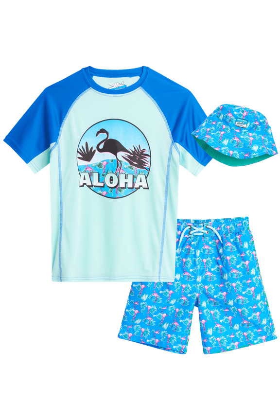 Boys' Rash Guard Set - 3 Piece UPF 50+ Rash Guard Swim Shirt, Bathing Suit,  (5-14)