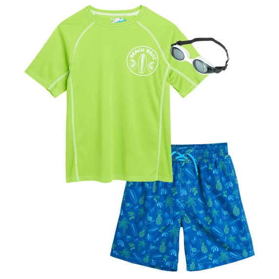 Boys' Rash Guard Set - 3 Piece UPF 50+ Rash Guard Swim Shirt, Bathing Suit, Goggles (5-14)