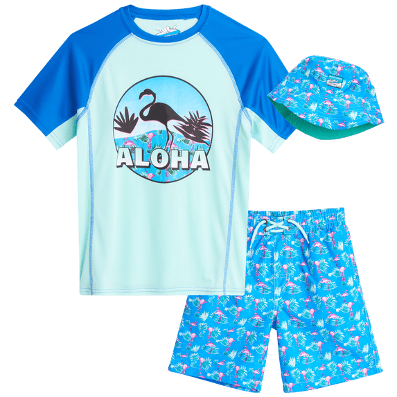 Boys' Rash Guard Set - 3 Piece UPF 50+ Rash Guard Swim Shirt, Bathing Suit, Goggles (5-14)