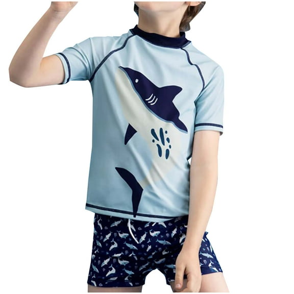 Boys Rash Guard Set Short Sleeve Swim Shirt Quick Dry Swimwear Trunks 2 Piece Bathing Suit Swimsuits Blue, 8 Years