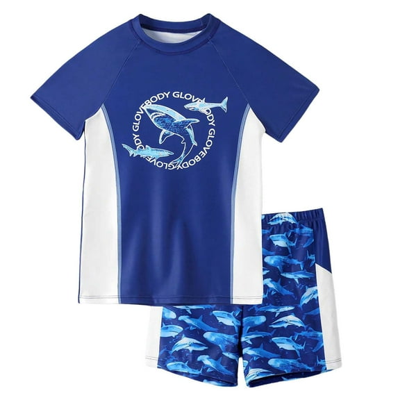 Boys Rash Guard Summer Toddler Kids Boys Cartoon Shark Print Two Piece Swimsuit Quick Dry Breathable Sun Protection Bathing Suit Toddler Swimsuit Blue 11 Years-12 Years
