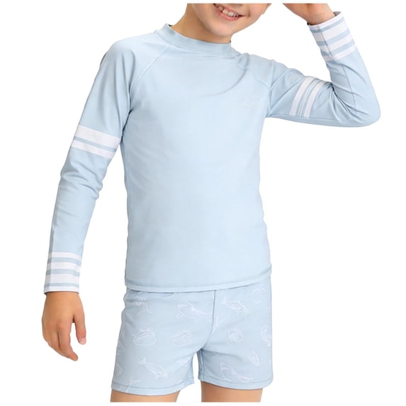 Boys Rash Guard Swim Set 3-Piece Long Sleeve UPF 50+ Swim Shirt & Trunks with Cap, Light Blue, 1-10 Years,Size 5-6 T