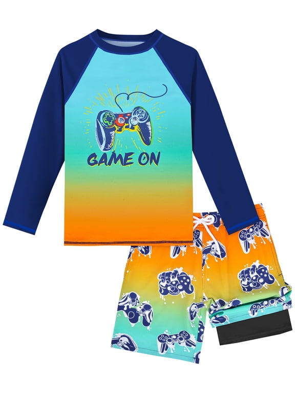 Boys Rash Guard Swim Set with Swim Trunks Bathing Suit Long Sleeve Swim Shirt Quick Dry Swimsuit Kids Swimwear Size 7-16