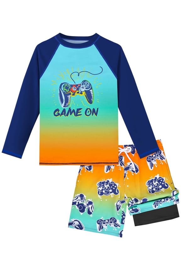 Boys Rash Guard Swim Set with Swim Trunks Bathing Suit Long Sleeve Swim Shirt Quick Dry Swimsuit Kids Swimwear Size 7-16