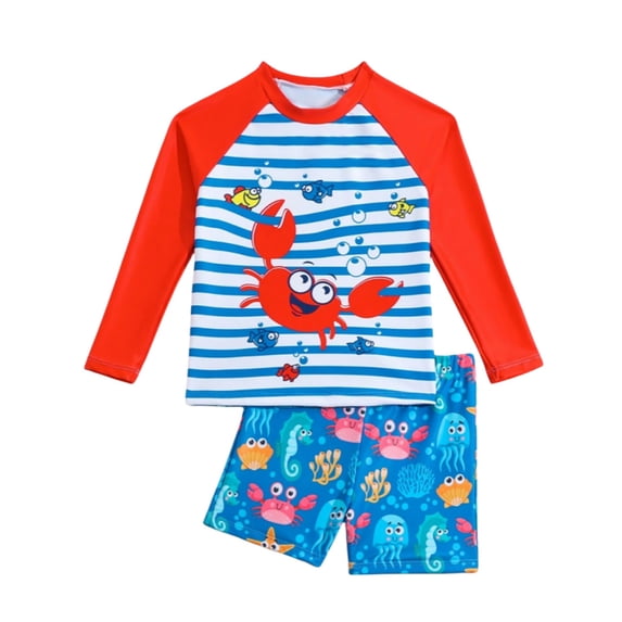 Boys Rash Guard Toddler Boys Two Piece Swimsuits Short Sleeve Print Top Shorts Set Kids Swimwear Boys Swim Trunks Red 2 Years-3 Years