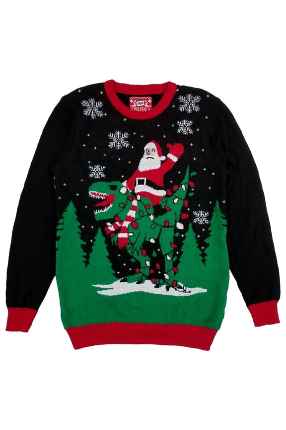 Boys Red & Black Santa Riding T-Rex Santa Christmas Holiday Sweater L 12