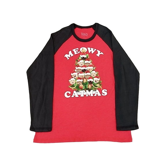 Boys Red Meowy Catmas Tree Long Sleeve Christmas Holiday Shirt Medium