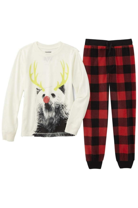 Boys Red Plaid Reindeer Pajamas Christmas Sleep Set T-Shirt & Fleece Pant M(8)