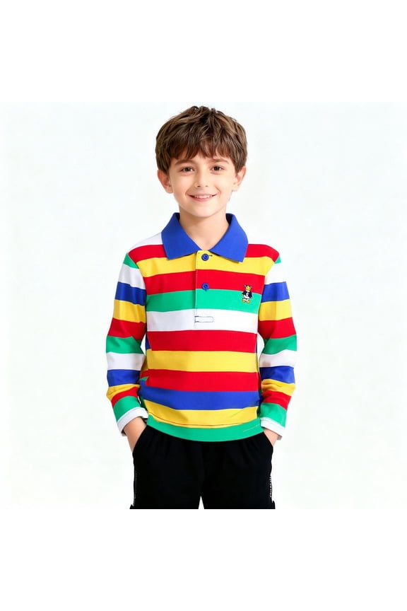 Boys Red Polo Shirt, Long Sleeve 100% Cotton Striped Kids Shirt with Embroidered Logo, Ribbed Cuffs, School Uniform,Size 7-8T