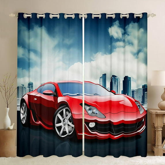 Red Race Car Curtains & Drapes for Young Adults Extreme Sports 30%-50% Blackout Curtains,Modern Urban City Building Curtains Racing Car 30%-50% Black out Curtains,Cool Speed Sports Car Window Drapes