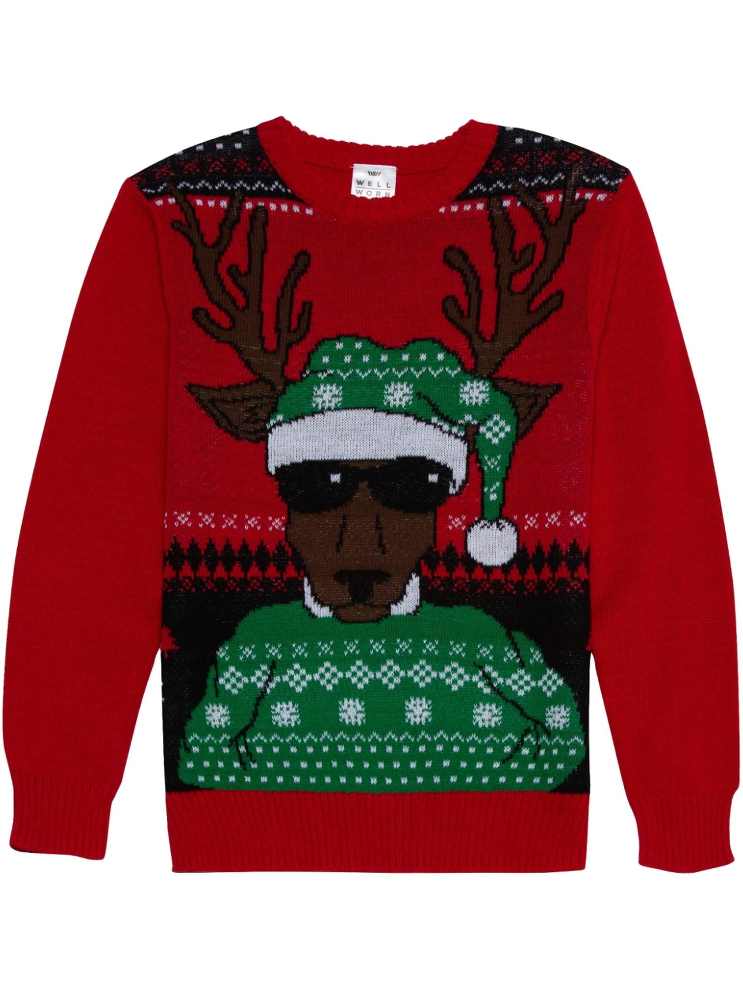 Boys Red Sunglass Reindeer Chill Christmas Holiday Knit Sweater X