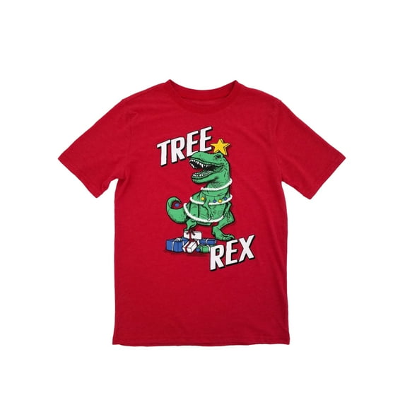 Boys Red Tree Rex Dinosaur Christmas Holiday Graphic Tee Crewneck T-Shirt XL