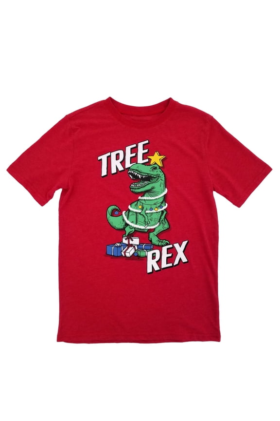 Boys Red Tree Rex Dinosaur Christmas Holiday Graphic Tee Crewneck T-Shirt XL
