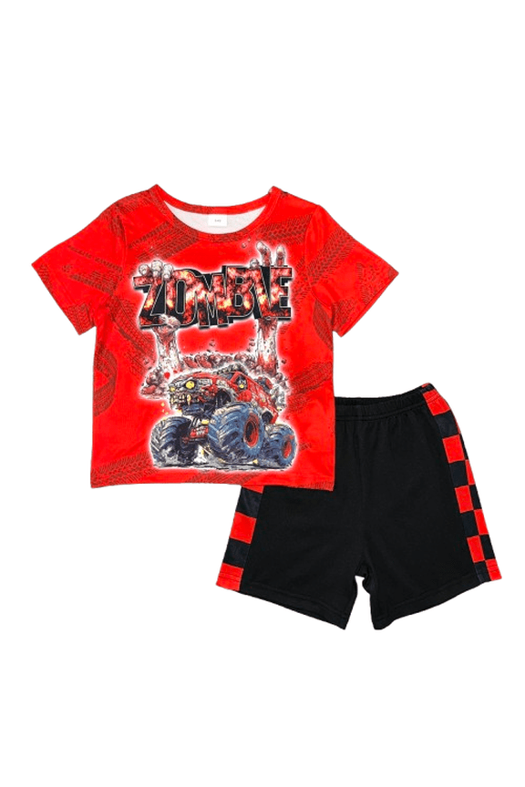 Boys' Red Zombie Truck Graphics Tee and Checkered Shorts Set 2Pcs Summer Casual Clothes From 18m-6y
