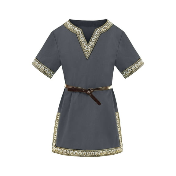 Boys Renaissance Shirt V Neck Short Sleeve Tunic Shirt Casual Wear Loose Fit Dark Gray 3 Years-4 Years