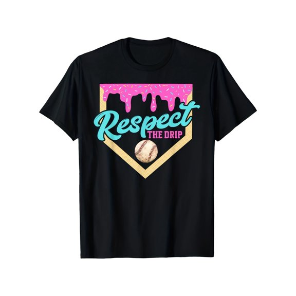 Boys' "Respect the Drip" Baseball Graphic T-Shirt - Black Cotton Crew Neck with Pink Ice Design, Casual Streetwear Summer Top, Perfect Gift for Youngsters, Baseball T Shirt