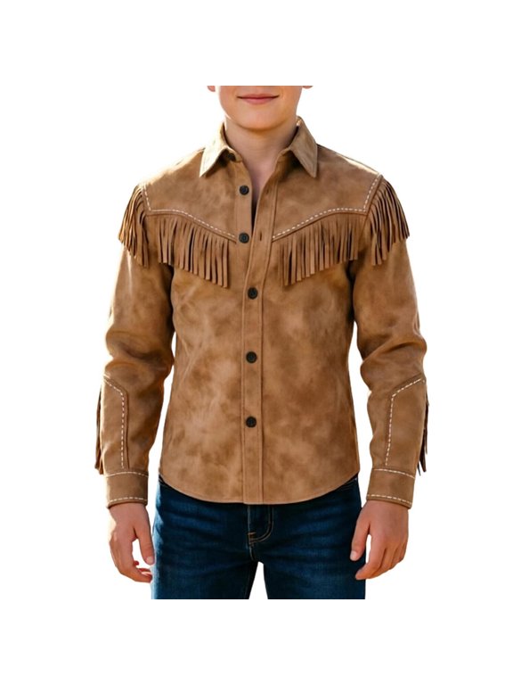 Boys Retro Button Down Shirt, Long Sleeve Casual Cowboy Jacket, Lightweight Fall Spring Top for Kids