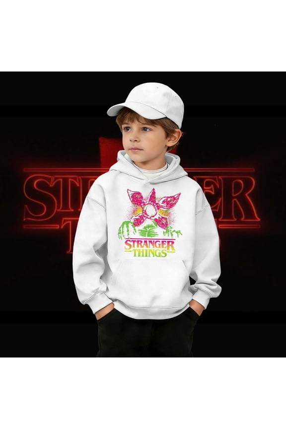 Boys Retro Video Game Demogorgon Graphic Hooded Sweatshirt, Kids Pullover Casual Soft Jacket, Comfortable for Daily Wear, Trendy Design for Youth, Ideal for Play and School