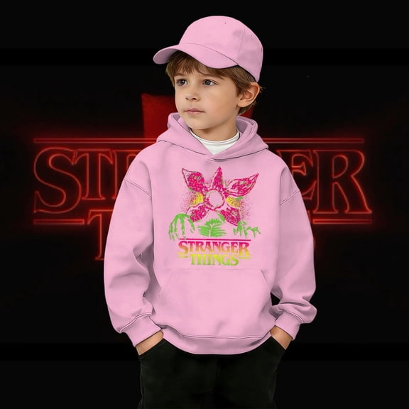 Boys Retro Video Game Demogorgon Graphic Hooded Sweatshirt, Kids Pullover Casual Soft Jacket, Comfortable for Daily Wear, Trendy Design for Youth, Ideal for Play and School