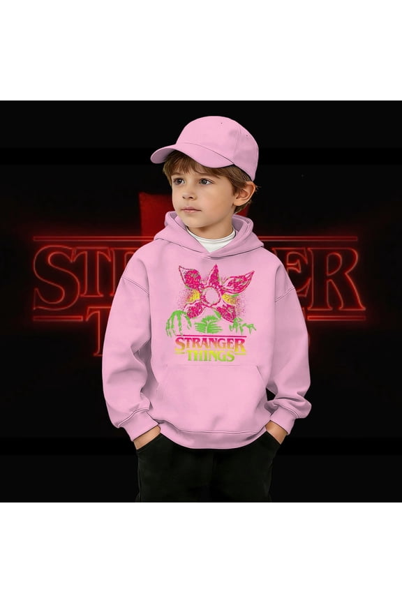 Boys Retro Video Game Demogorgon Graphic Hooded Sweatshirt, Kids Pullover Casual Soft Jacket, Comfortable for Daily Wear, Trendy Design for Youth, Ideal for Play and School