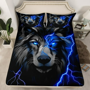 Retro Wolf Bedding Set Twin Black Blue Lightning Wolf Bed Sheets For Teen Men Room Decor,Retro Woodland Animal Fitted Sheet Safari Wildlife Fitted Sheets 1 Pillow Case （No Top Sheet）