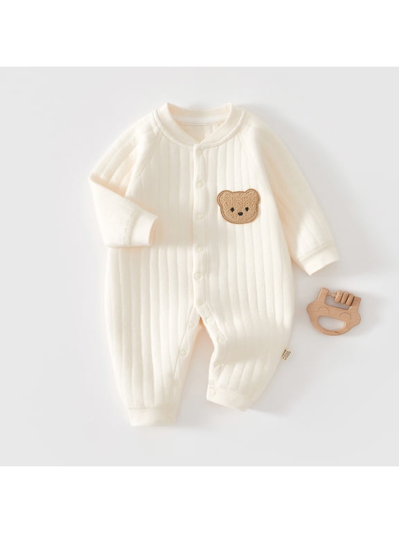 Boys Ribbed Knit Bear Patch Romper Full Snap Long Sleeve Jumpsuit Unisex Daily Sleep Loungwear