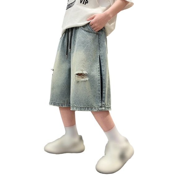 Boys Ripped Side‑Slit Denim Shorts, Elastic Waist Wide‑Leg Washed Knee‑Length Jean Shorts With Pockets