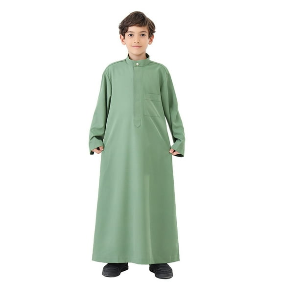Boys Robe Arabic Long Sleeve Thobe, Kaftan Crew Embroidered Robe for Teenage Boys Green 11 Years-12 Years