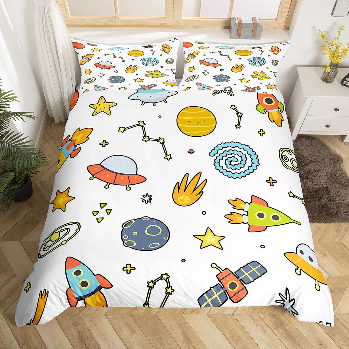 Boys Rocket Ship Bedding Set Full Outer Space Duvet Cover Cartoon