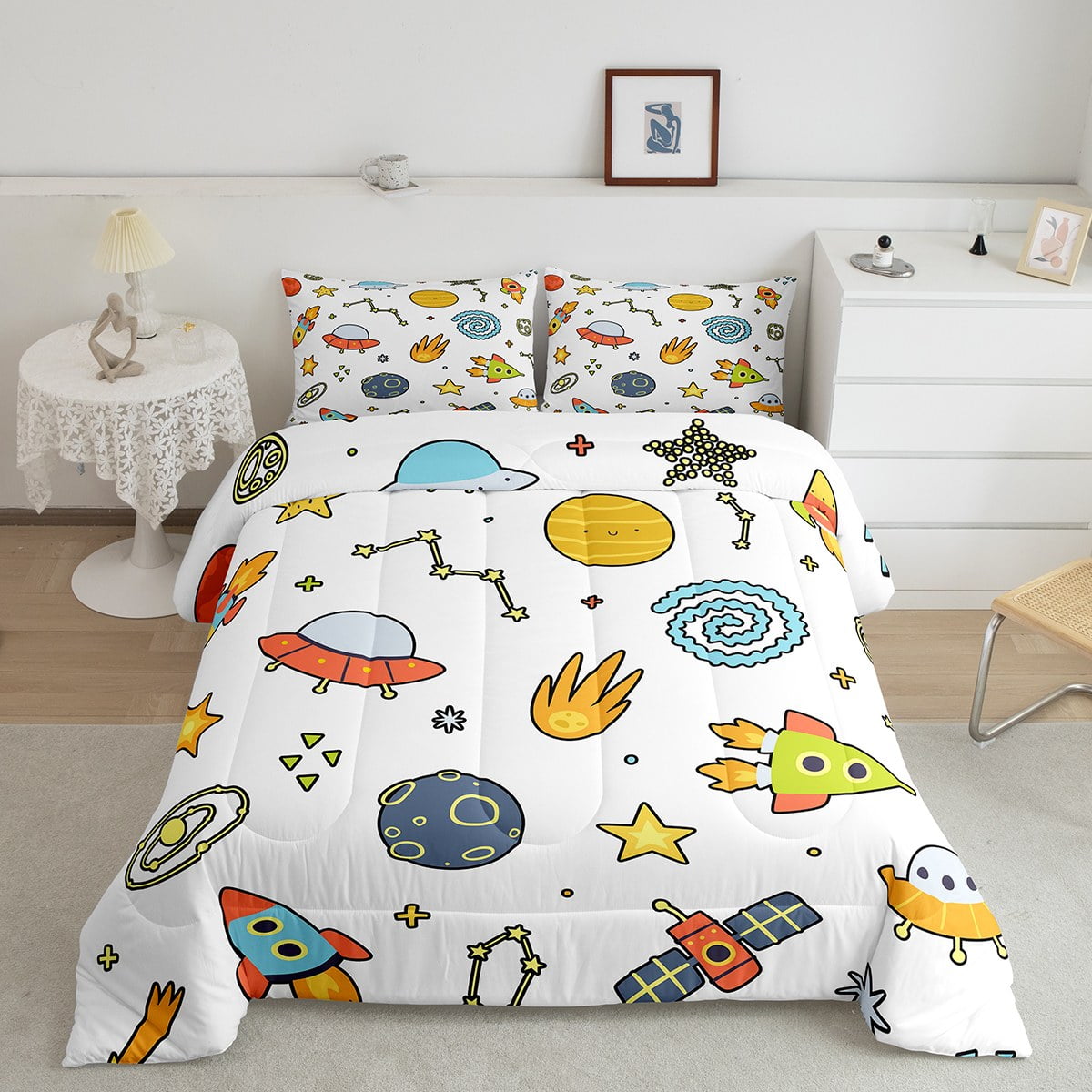 Boys Rocket Ship Comforter Set Queen Outer Space Bedding Cartoon