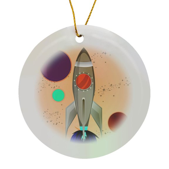 3drose, Boys Rocket Ship with Planets Design on a Peach Background, Circle Porcelain Ornament