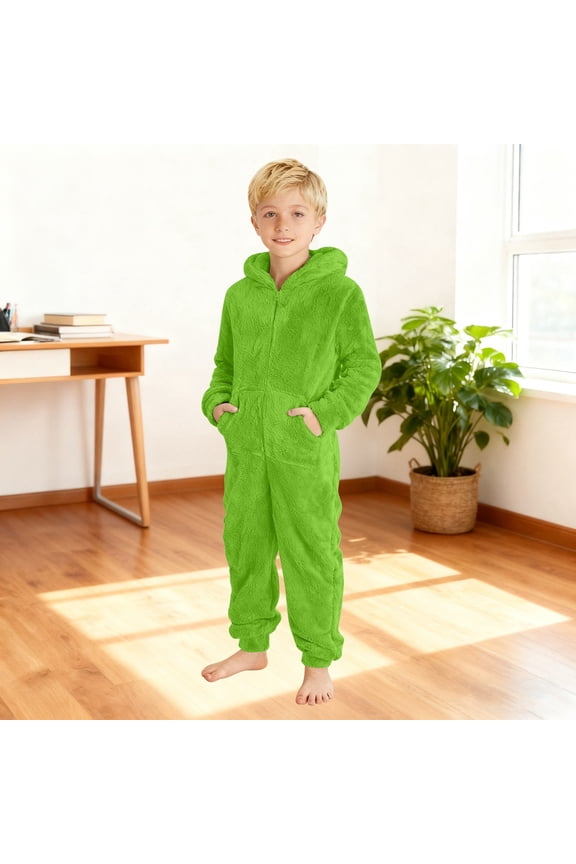 Boys Romper Jumpsuit Loose Fit Boys Fuzzy Fluffy Hooded Romper Jumpsuit Winter Warm Soft Lined Pajama Outfit For Infant Toddler Kids Playwear Green 6Y