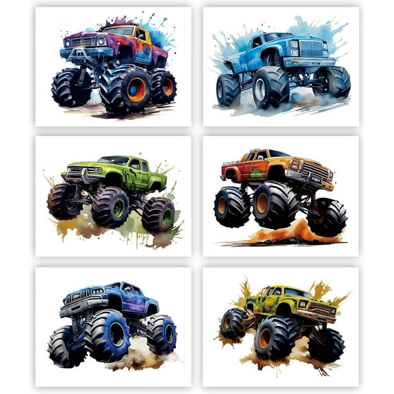 Boys Room Decor Monster Truck Canvas Wall Art Set of 6 Watercolor Monster Truck Posters Kids Car Wall Art Prints Car Posters for Nursery Kids Room Bedroom Playroom Wall Decor (8"X10"inch Unframed).