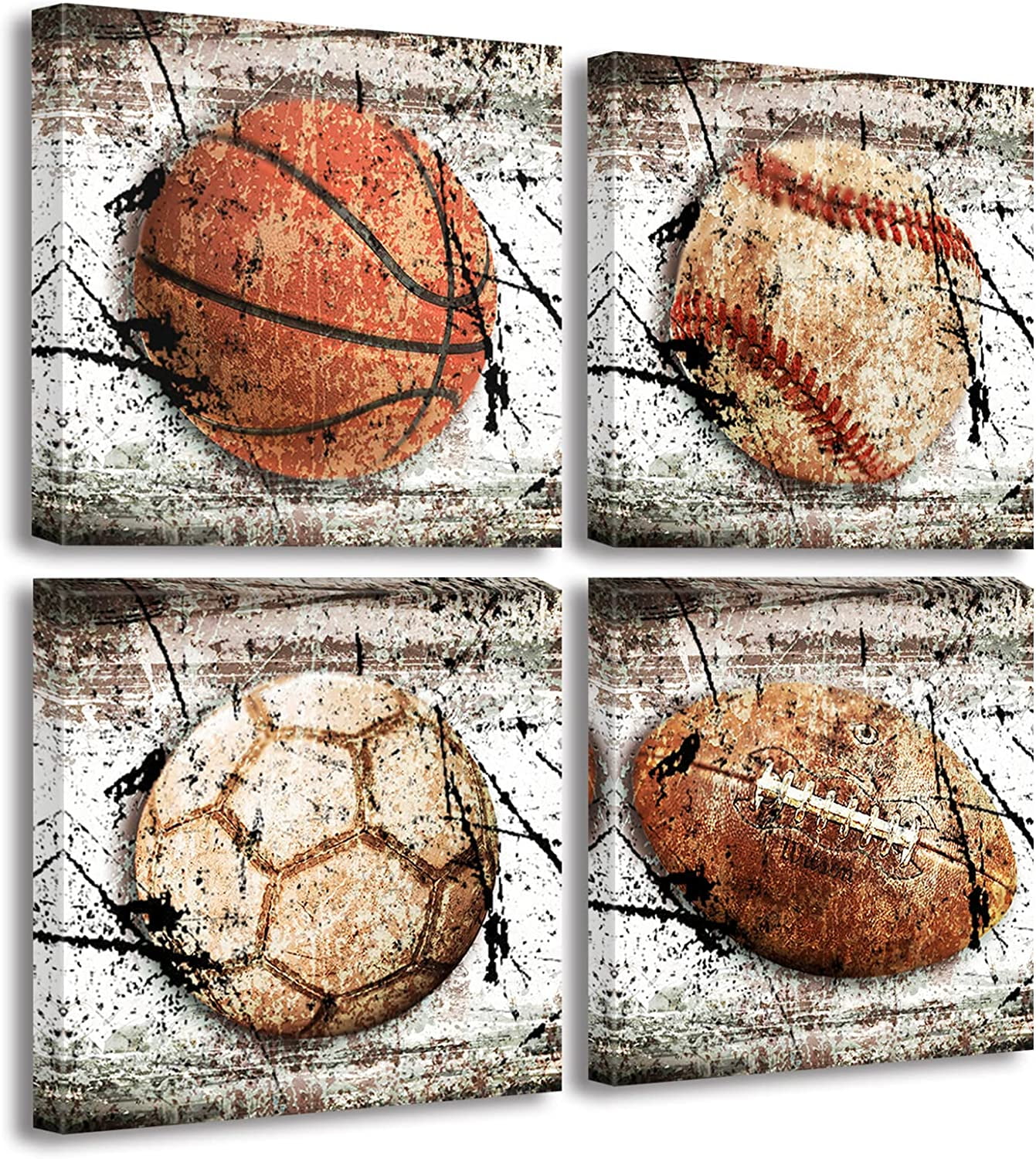 Vintage Sports Canvas Wall Art for Boys Room, Set of 4