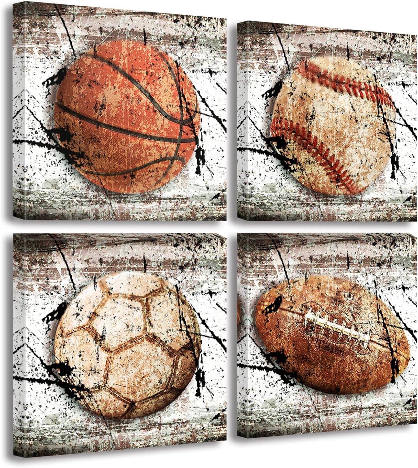 Vintage Sports Canvas Wall Art for Boys Room, Set of 4